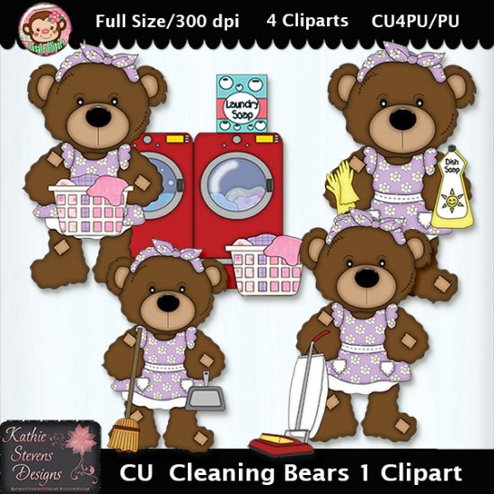 Cleaning Bears 1 Clipart - CU - Click Image to Close