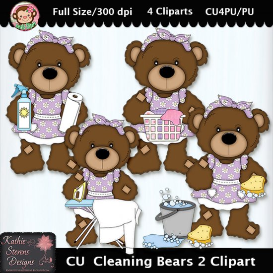 Cleaning Bears 2 Clipart - CU - Click Image to Close
