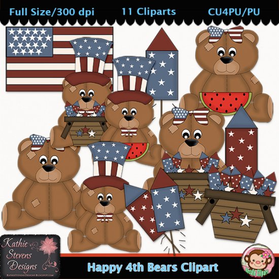 Happy Fourth Bears 1 Clipart - CU - Click Image to Close