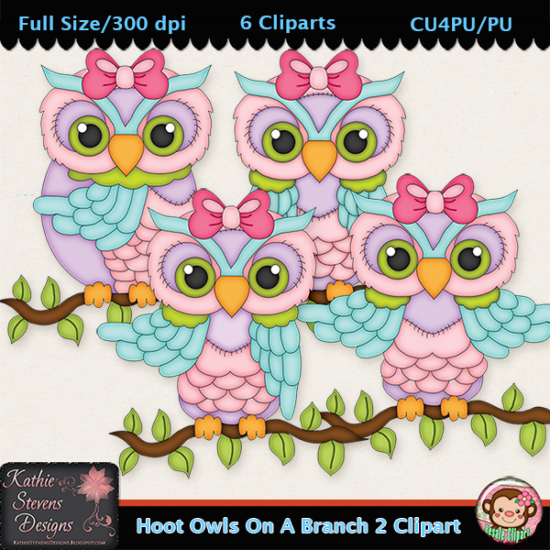 Hoot Owls On A Branch 2 Clipart - CU - Click Image to Close
