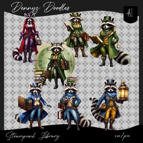 AI CU steampunk Raccoons in the Library - Click Image to Close
