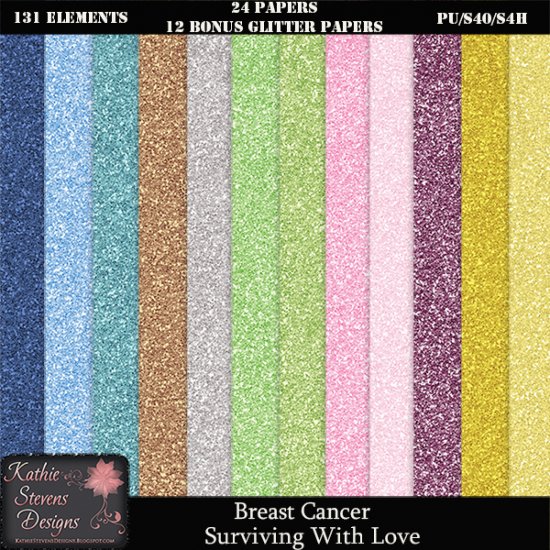 Breast Cancer Surviving With Love Glitter Paper Pack - FS - Click Image to Close