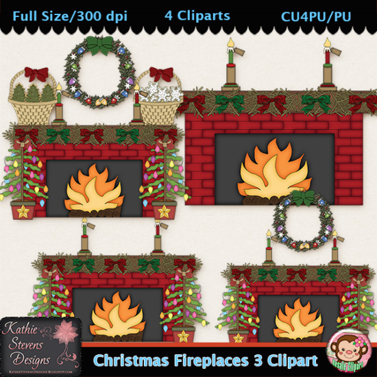 Christmas Fireplaces 3 Clipart - CU - Click Image to Close